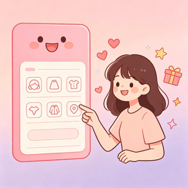 bubbly AI 人设定制插画：女孩正在手机上选择专属人设的选项